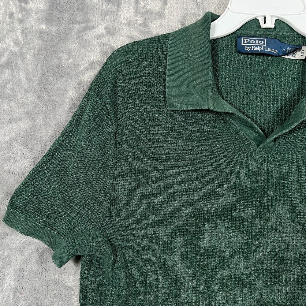 Polo Ralph Lauren Mesh Knit Linen Johnny Collar Sweater Mens Medium Green Shirt - Picture 3 of 12